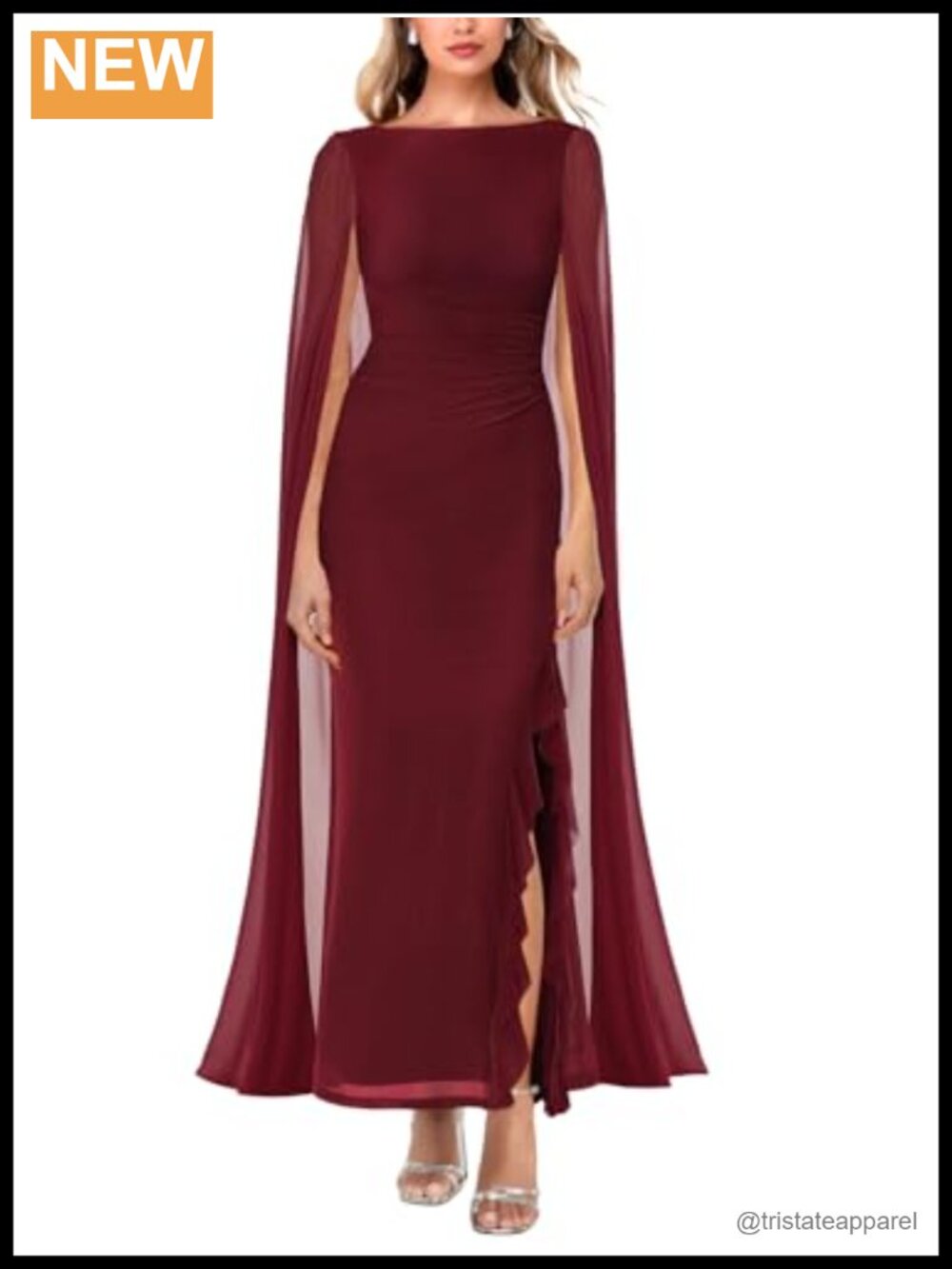 Lrady Women's Formal Evening Gown High Split Ruffle Cape Sleeve Maxi Dress